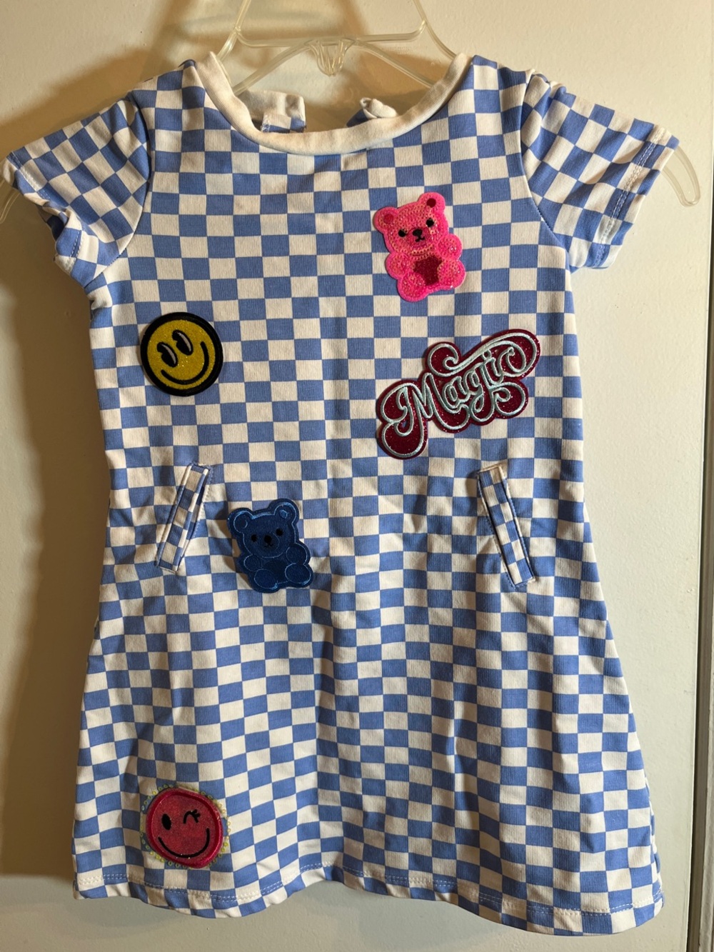 Rare Editions Blue & White Checkerboard Patch Dress